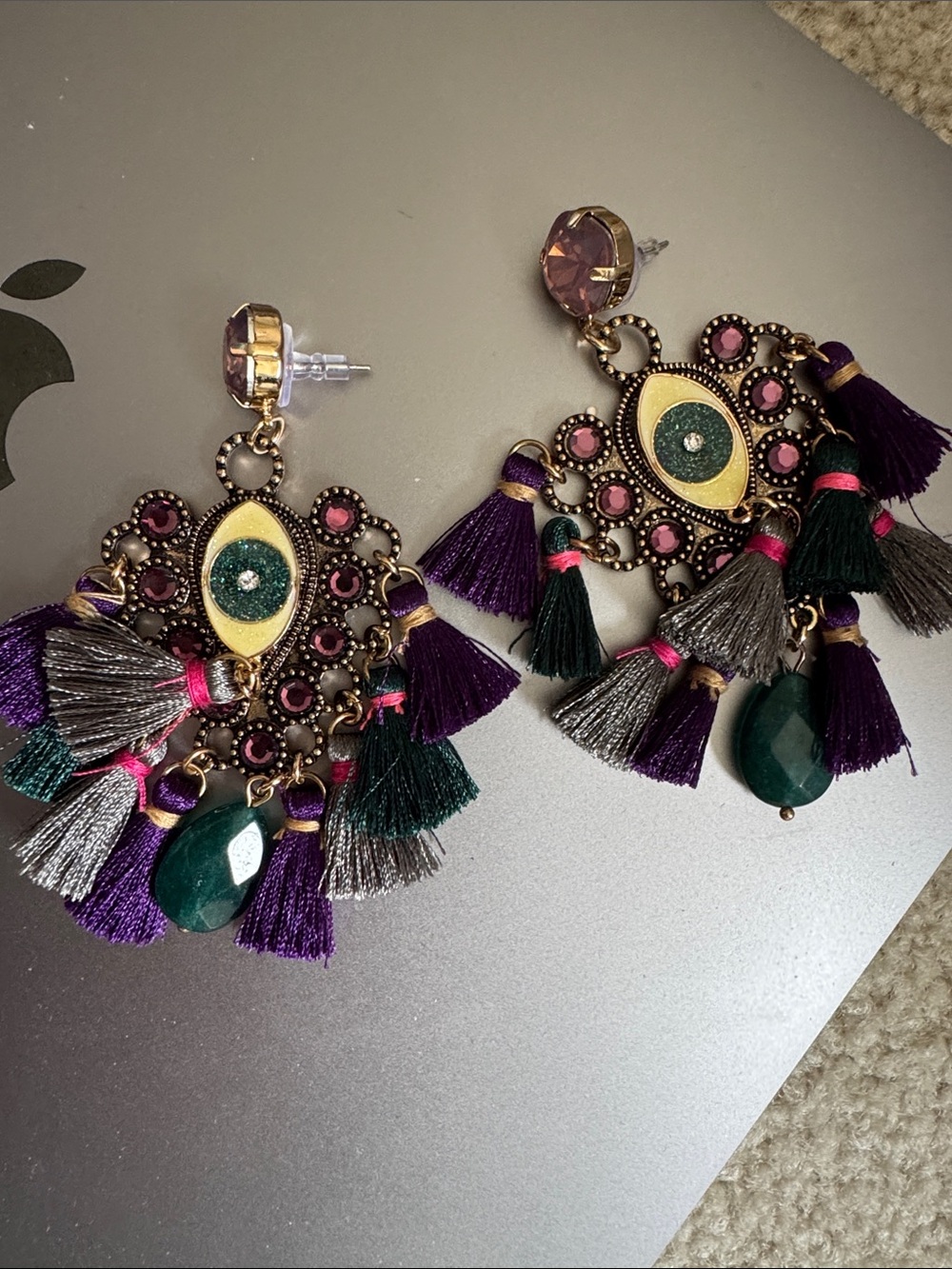 Bohemian Purple & Green Tassel Statement Earrings